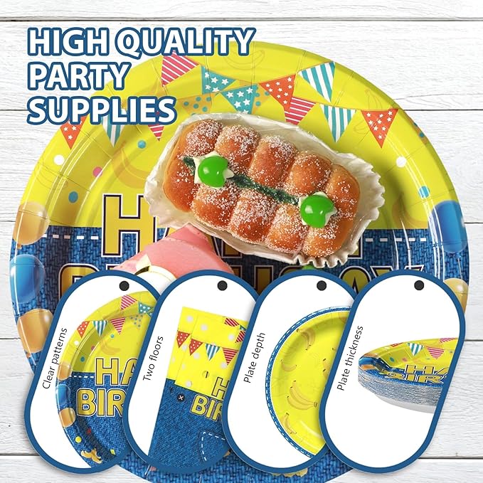 Grencian 96Pcs Yellow Cartoon Birthday Party Decorations Yellow Cartoon Paper Plates and Napkins Banana Theme Disposable Tableware for Banana Theme Birthday Decorations Serves 24