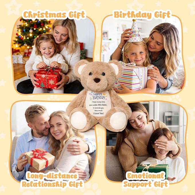 15" Happy Birthday Teddy Bear with Heartfelt Message - Soft Cuddly Plush Toy - Romantic & Sentimental Birthday Gift for Girlfriend, Wife, Kids, Daughter, Son - I Love You Keepsake