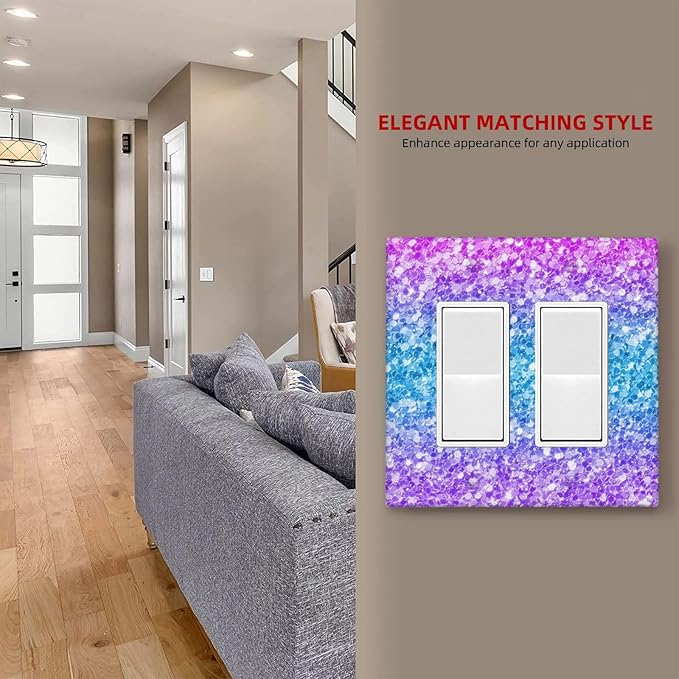 Outlet Covers Fantasy Colorful Glitter Blue Purple Gradient 2 Gang Double Rocker Light Switch Cover Plate Decorative Wall Plate GFCI Socket Cover Electrical Switch Plate Covers for Kids Room Home