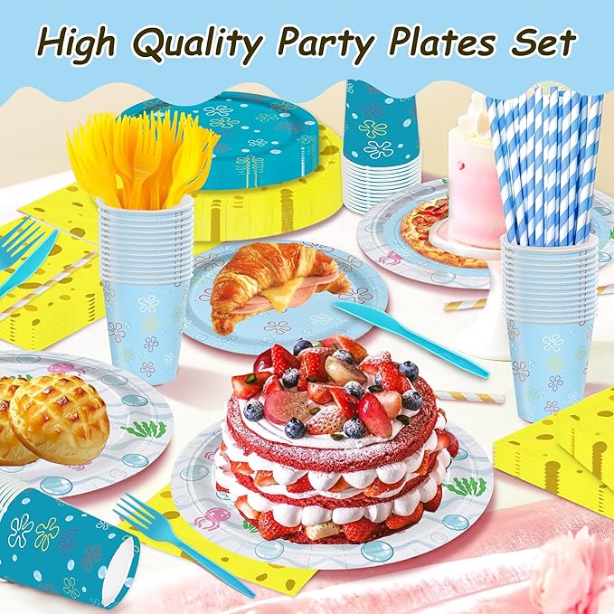 168PCS Cartoon Ocean Party Supplies for Girls Boys Kids Yellow Undersea Happy Birthday Party Decorations Dinnerware Set Napkin Cups Forks Knives Straw for 24 Guests