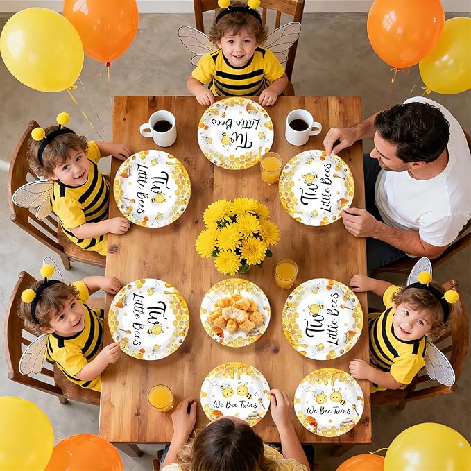 96Pcs Two Little Bees Party Supplies Bumble Bee Twins Theme Plates and Napkins Tableware Sets We Bee Twins Party Decorations for Bees Twins Baby Shower 2nd Birthday Decorations Serves 24
