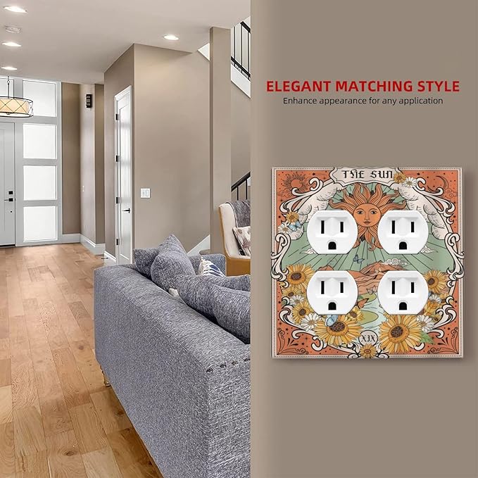 Boho Retro Sun Sunflower Vintage Flower Butterfly Outlet Covers 2 Gang Double Duplex Decorative Light Switch Covers Electrical Wallplates Socket Faceplate for Farmhouse Home Decor