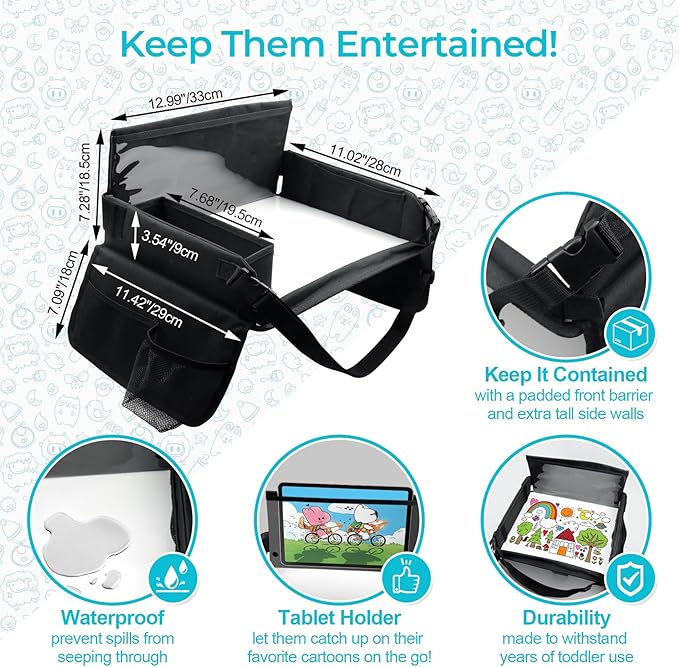 Kids Travel Tray for Car Seat, Carseat Table Tray for Kids Road Trip Activities, Car Trays for Kid Roadtrip Essentials, Toddler Lap Desk Organizer for Airplane - Black