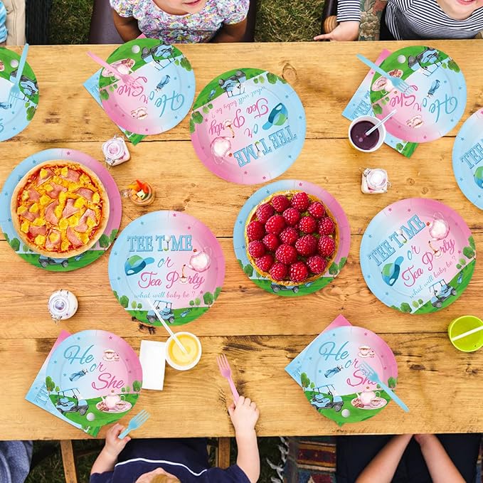 96 Pcs Golf Gender Reveal Decorations Blue Or Pink Golf Gender Reveal Plates and Napkins Tee Time He Or She Tableware Set for Boys Girls Baby Shower Birthday Party Supplies Serves 24