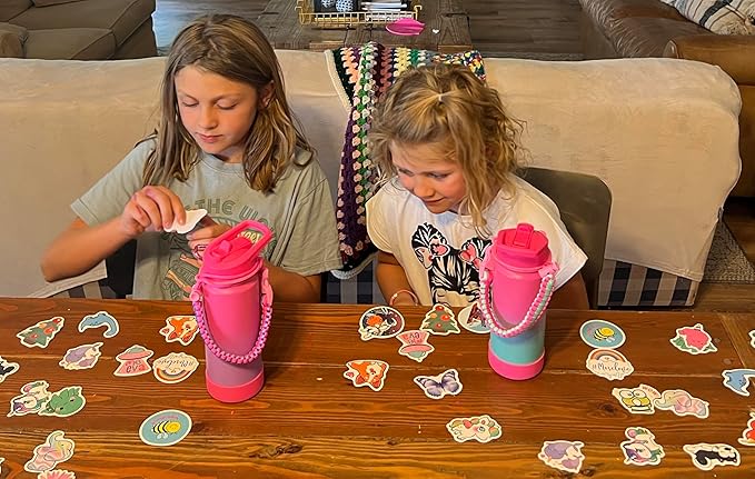 Mininoo Kids Water Bottle, Girls Water Bottle for School, 16oz Metal Stainless Steel Water Bottle Kids with Straw Lid（Punch/Purple）