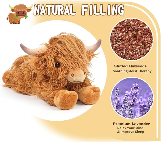 2Pcs Highland Cow Stuffed Animals, Microwavable Stuffed Animal Adorable Fluffy Highland Cow Plush for Warmth Comfort, Heatable Coolable Lavender Scent Toy, Cute Soft Plushies Gift for Kid Boys & Girls