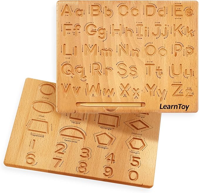 LearnToy Montessori Wooden Alphabet Tracing Board - Educational Toy for Kids - Fine Motor Skills Development - Double-Sided Writing Practice - Ideal Gift for Preschool 3-5 Years Old.