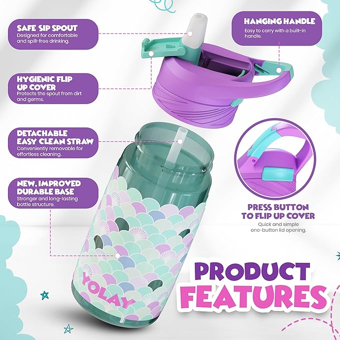 YOLAY 15oz Kids Water Bottle For School Boys and Girls, Durable Toddler Water Bottle with Straw Lid Leak-Proof, Spill Proof, Easy Clean and Dishwasher Safe with Re-Usable and BPA Free - Scallop
