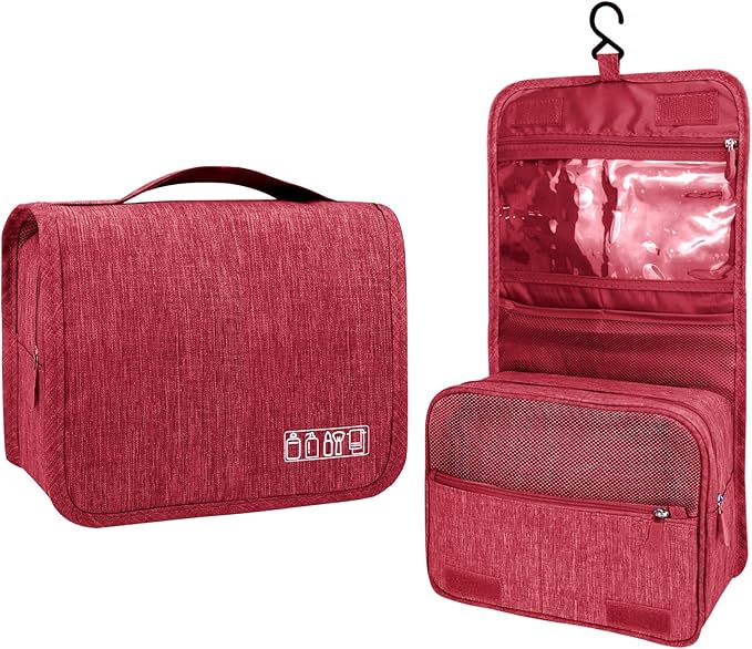 Lcsmaokin Large Capacity Toiletry Bag Travel Bag with Hanging Hook for Men and Women Waterproof Travel Cosmetic Bag Bathroom Storage Bag for Brushes Set, Full-Sized Shampoo, Toiletries, (Wine Red)