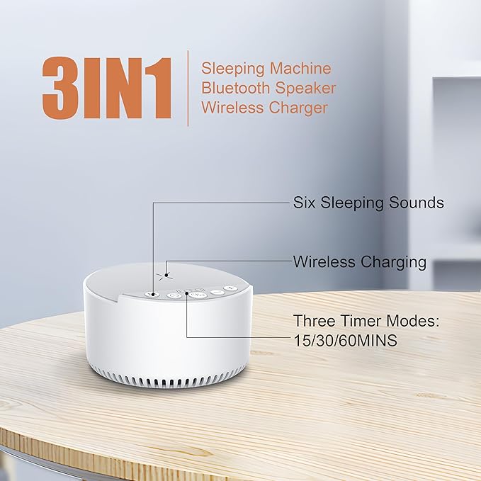 Sound Machine with Wireless Charger,White Noise Machine with Memory Function,6 Soothing Sounds,3 Timers Modes for Baby Kids Adult & Home Office Travel