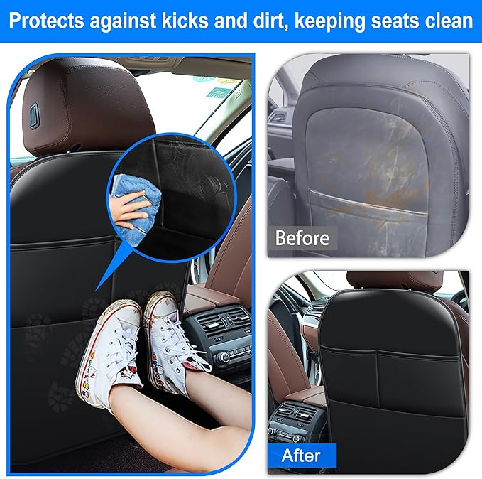 Back Seat Protector Car Kick Mats for Ford F150 Etc Truck Car with 2 Pocket Storage Organizer, Waterproof Dirt Proof Faux Leather Back Seat Covers for Kids Auto Accessories (1 Pair,Black)