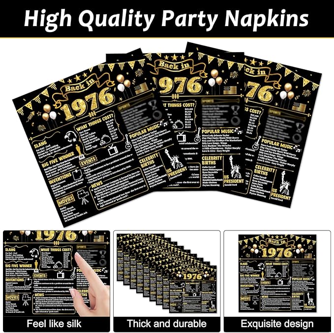 CHUNNIN 50Pcs 50th Birthday Plates and Napkins Back in 1976 Party Decorations Black Gold 50 Year Old Party Dessert Plates 1976 Disposable Tableware for 50th Theme Men Woman Birthday Supplies