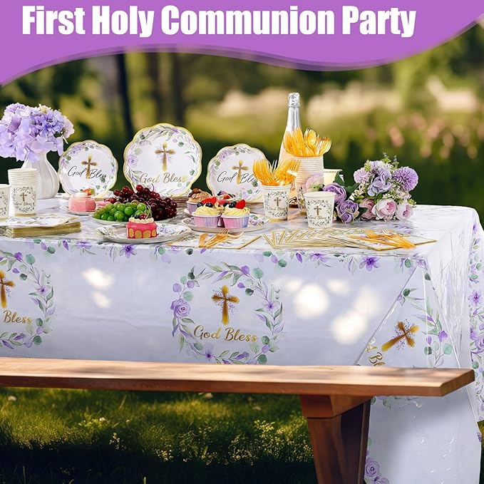 Pickmesh 194 Pcs God Bless Baptism Party Decoration Girl for 24, Purple Floral Baptism Confirmation Paper Plate Napkin Cup Tablecloth Cutlery for First Holy Communion Christening Baby Shower Supplies