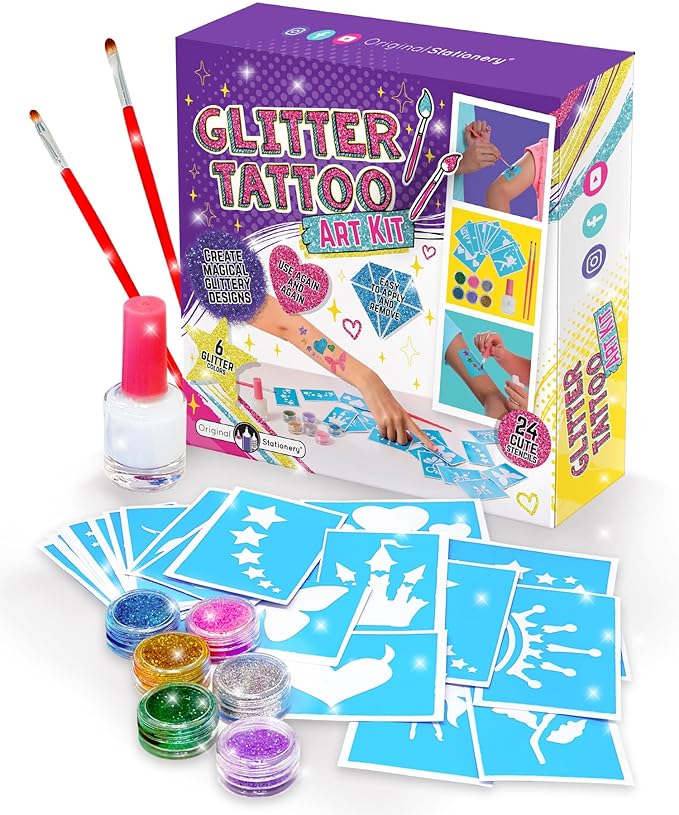 Original Stationery Glitter Tattoo Kit - 33-Piece Multicolor Set, Ages 3-8, 24 Stencils, 6 Color Pots, 2 Brushes & Adhesive - Glitter Tattoos for Kids & Sleepover Party Supplies, Birthday Gift