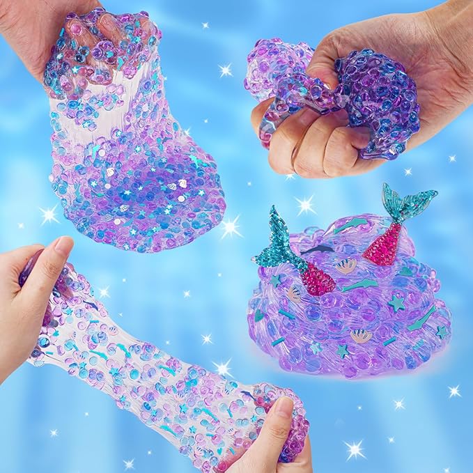 3 x 100mL Ocean Slime Kit for Girls & Boys: Mermaid Bead, Pink Crunchy & Blue Clear Slime, Sensory Experience DIY Slimes Set, Slimes Party Favors for Kids Birthday Easter Halloween Teens Gift