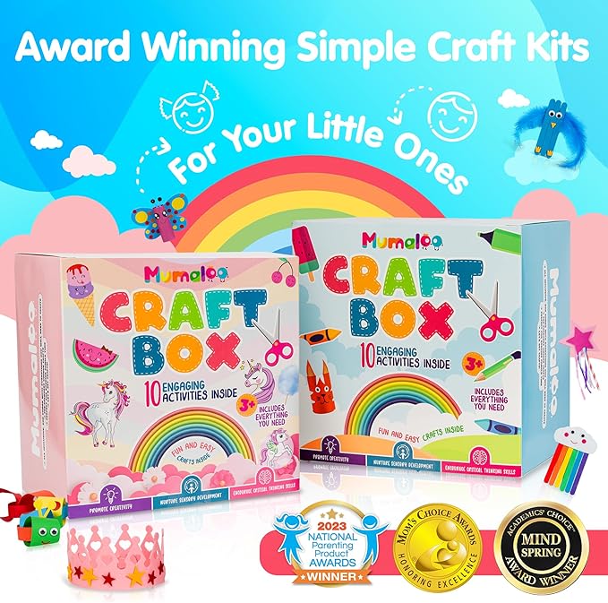 Mumaloo Unicorn Craft Box - 10 Fun Arts and Crafts for Kids Ages 4-8, No Mess, Educational, Mermaid Art Projects, Toddler Crafts & Activities Kit with Supplies, Gift for Girls 3 4 5 6 7 8 Years Old