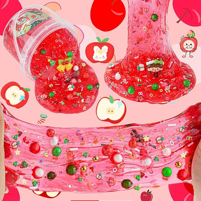 LAWOHO 300ml Apple Clear Slime with Clay, Red Slime Kit for Girls & Boys with 9 Packs Cute Add-Ins for Kids Party Favors, Non Stick Slime Making Kit for Birthday Halloween Christmas Easter Gifts