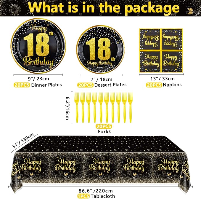 18th Birthday Decorations for Boys Girls - 81 Pcs Plates Napkins 18th Tablecloth Forks Set Black and Gold Party Decorations Serve 20