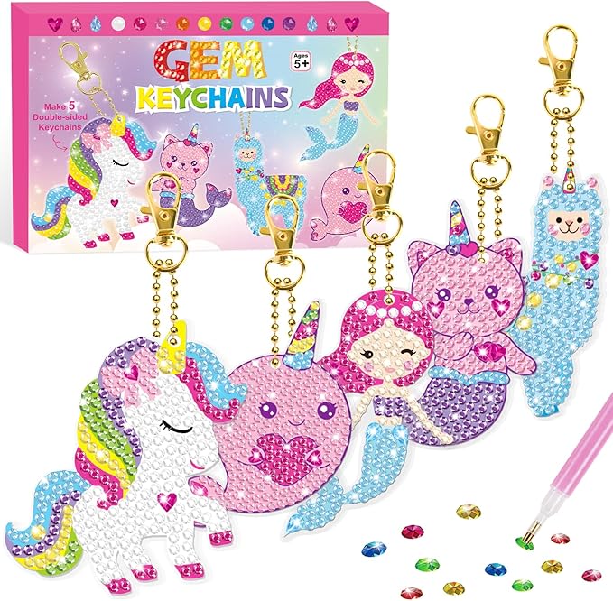 BANBBUR Arts and Crafts for Kids Ages 8-12,5PCS Double Sided Diamond Art Keychains,5D Gem Art for Kids Ages 4-8 Girls Birthday Gifts, BAKY5