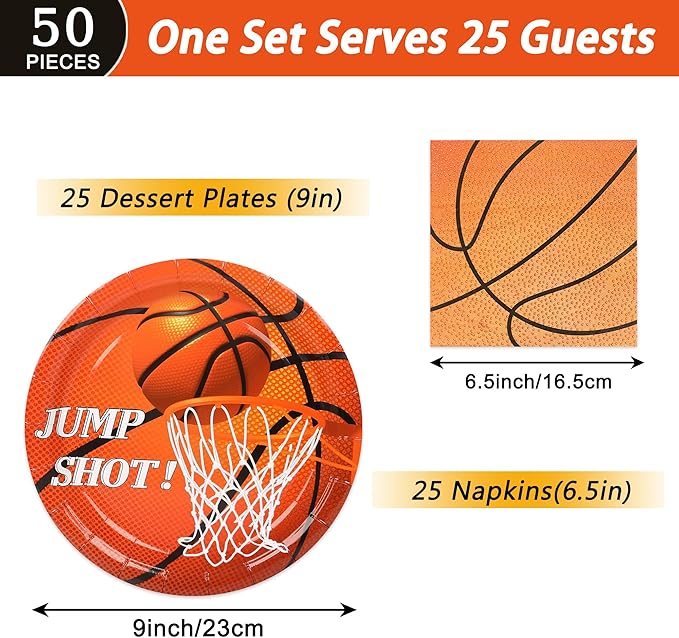 50PCS Basketball Plates and Napkins Party Supplies - 9 Inch Basketball Paper Plates 6.5 Inch Paper Napkins Basketball Birthday Party Decorations for Kids Serves 25