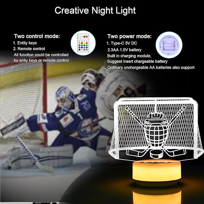 Ice Hockey Gifts Night Light for Kids-Sports Ice Hockeys Decor Bedside Lamp for Ice Hockey Fan, 14 Color with Remote Control / Buttons + Timer + Dim Function, Birthday Holiday Gift for Boys & Girls