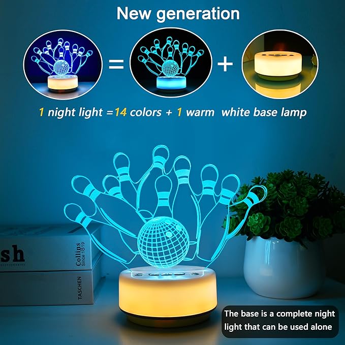 Bowling Gifts Night Light for Kids-Sports Bowlings Decor Bedside Lamp for Bowling Fan, 14 Color with Remote Control/Buttons +Timer +Dim Function, Birthday Holiday Gift for Boys & Girls