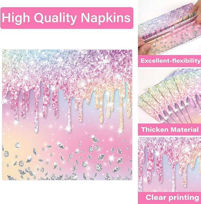 100PCS Iridescent Diamond Birthday Party Plates Napkins Forks Supplies Set Holographic Tableware Party Supplies Gem Stone Dinnerware Decorations Favors for Girls Kids Birthday Serves 25