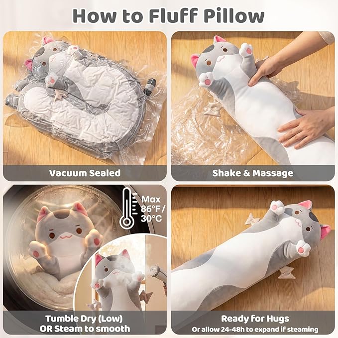 Mewaii 20” Long Cat Plush 5 Sizes, 120% Extra Filling Giant Plushness Kids Body Pillow, Kawaii Cute Grey Cat Stuffed Animals Plushies, Big Long Body Pillow Cat Plush Gift for Girls 20”