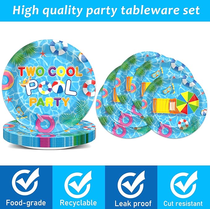 96Pcs Two Cool Pool Birthday Party Supplies Summer Swimming Pool 2nd Birthday Paper Plates and Napkins Summer Beach Tableware Set Serves 24 Guests 2 Years Old Hawaiian Pools Party Decorations