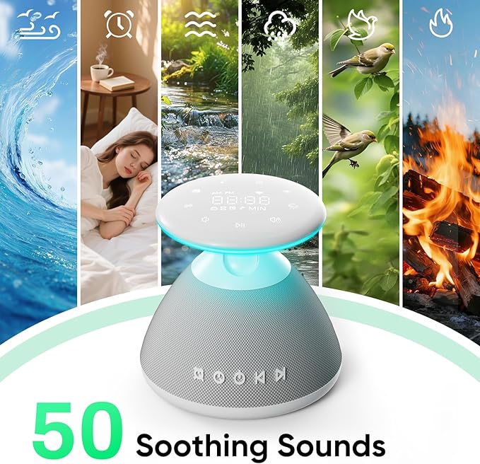 White Noise Sound Machine for Sleeping, 50 Non-Looping Soothing Sounds, 7 Color Night Light with Adjustable Brightness, Timer & Alarm Clock, Touch Screen Control for Baby, Kids, Adults, Home&Travel