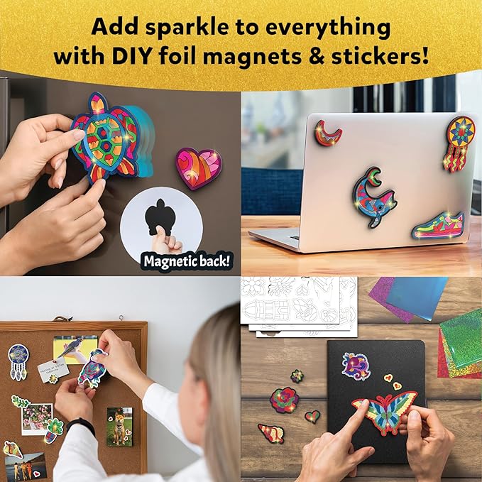 Skillmatics Foil Fun - Pretty Patterns, 18 DIY Magnets Mess-Free Art, Colorful Creative Party Activity, Craft Kits, 60+ Foam Stickers, Gift for Kids, Teens, Adults, Families, Screen-Free Entertainment