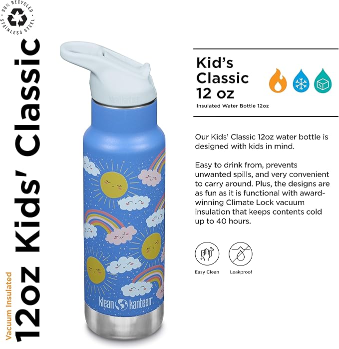 Klean Kanteen 12 oz Classic Kid's Insulated Water Bottle with Flip Seal Sport Cap - 100% Leakproof Cap - BPA-Free - Stainless Steel Material - Rainbows