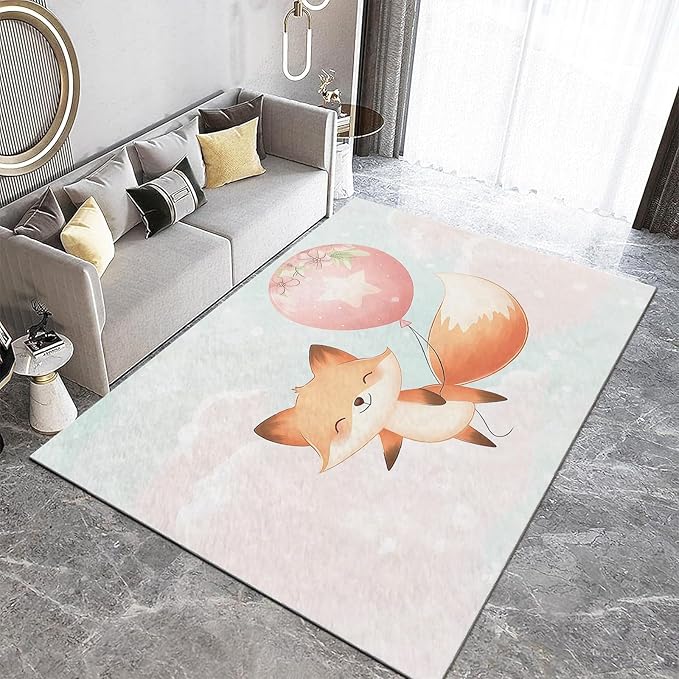 Cartoon Fox Balloon Kids Rugs 5.6×8ft Cute Animal Washable Soft Kids Bedroom Rugs, Non-Slip Floor Carpet for Living Room Dining Room Nursery Home Decor