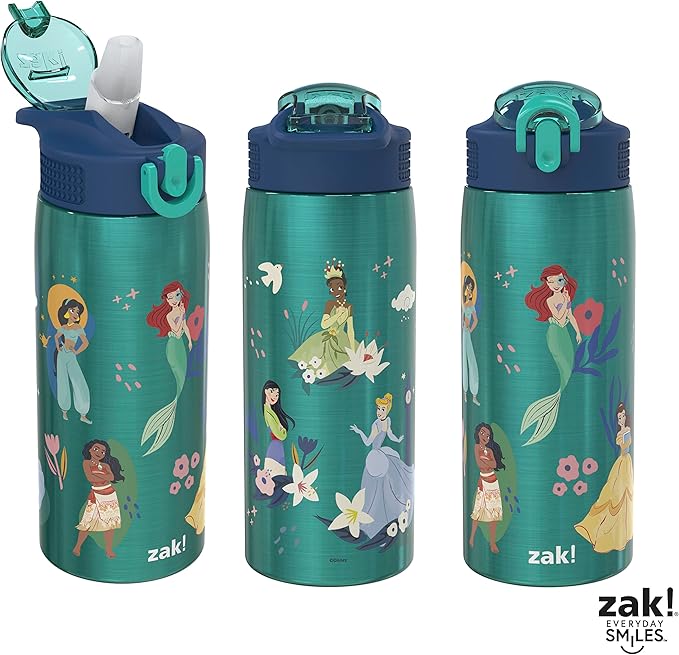 Zak Designs Disney Princess Water Bottle for Travel and At Home, 19 oz Vacuum Insulated Stainless Steel with Locking Spout Cover, Built-In Carrying Loop, Leak-Proof Design (Disney Princess)