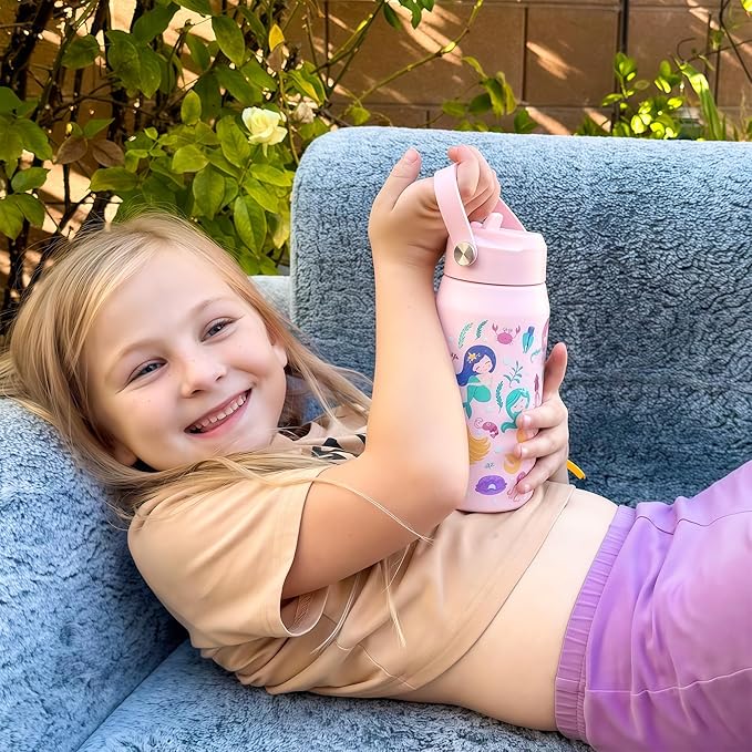 OLDLEY kids Water Bottle - 18oz Insulated Stainless Steel - Wide Straw Lid, Non Spill, Leakproof, Kids Water Bottle for School,Mermaid