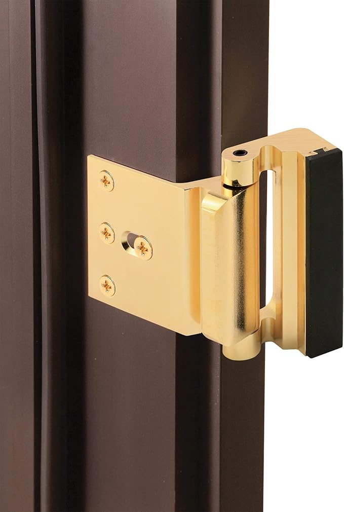 Prime-Line U 11442 Door Reinforcement Lock – Add Extra, High Security to your Home and Prevent Unauthorized Entry – 3” Stop, Aluminum Construction, Polished Brass (Single Pack)