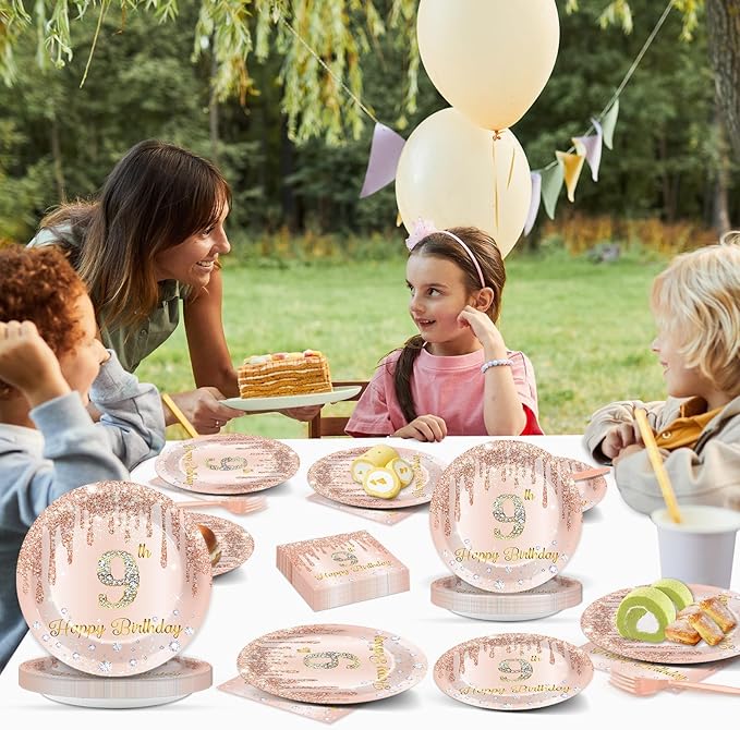 96 Pcs Rose Gold 9th Birthday Party Plates and Napkins for Girls Rose Gold Party Supplies Pink Happy 9 Years Birthday Party Tableware Set for 24 Guests Party Decorations