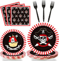 96pcs Pirate Birthday Tableware Set Pirates Party Paper Plates and Napkins Decorations Pirate ship Bone Disposable Dinnerware Supplies for Adult Teens Kids Birthday Party Favor, Severs 24