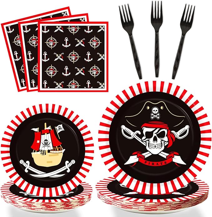 96pcs Pirate Birthday Tableware Set Pirates Party Paper Plates and Napkins Decorations Pirate ship Bone Disposable Dinnerware Supplies for Adult Teens Kids Birthday Party Favor, Severs 24