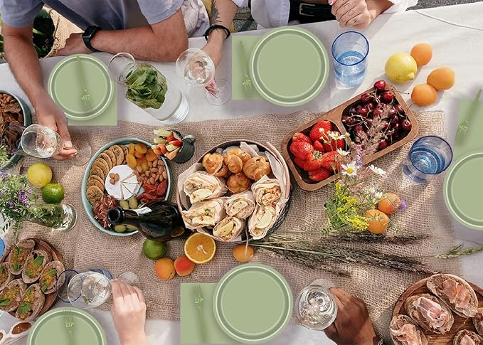 72 Pcs Sage Green Paper Plates 7in Disposable Dessert Plates Napkins and Forks Party Tableware Set Decoration Supplies for Birthday Baby Shower Wedding Holiday Graduation Bridal Shower Party, Serve 24