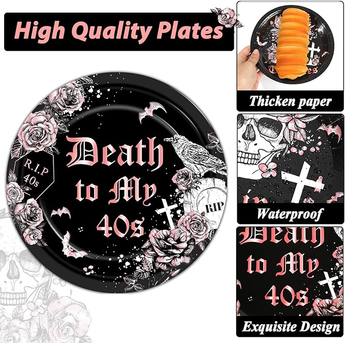 Qyeahkj 100 Pcs 50th Birthday Party Supplies Death to My 40s Paper Plates and Napkins Set Black Rose Gold Rip to My 40s Disposable Tableware Decorations for Women Forties Funeral Youth Serve 25 Guests