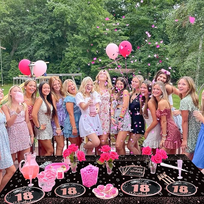 18th Black and Rose Glod Birthday Decorations for Boys Girls - 81 Pcs Plates, Napkins, 18th Tablecloth, Forks for Black and Rose Gold Party Decorations Serve 20
