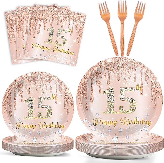 96Pcs 15th Birthday Party Plates and Napkins for 15 Year Old Birthday Party Supplies Rose Gold Paper Dessert Plates 15th Birthday Tableware Set for Girls Women 24 Guests Party Decorations