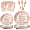 96Pcs 15th Birthday Party Plates and Napkins for 15 Year Old Birthday Party Supplies Rose Gold Paper Dessert Plates 15th Birthday Tableware Set for Girls Women 24 Guests Party Decorations