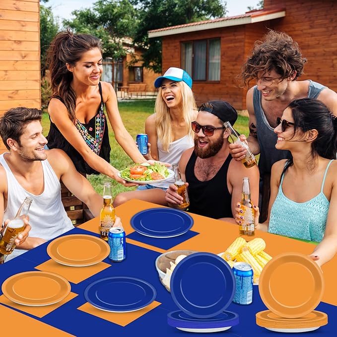 Blue and Orange Party Supplies Serves 24 Orange and Blue Decorations Party Paper Plates and Napkins Plastic War Birthday Tablecloth Dart Disposable Tableware Set for Baby Shower Graduation