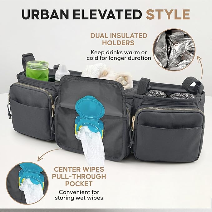 Double Stroller Organizer, Double Stroller Caddy Compatible with Bob Duallie, Baby Jogger City Mini GT2, Jeep - Universal Stroller Accessories with Cup Holders