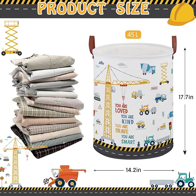 Construction Decor for Boys Room Laundry Basket,Trucks Toddler Kid Laundry Hamper, Car Excavators Baby Dirty Clothes Basket,Toy Organizer Bin (Yellow Construction)