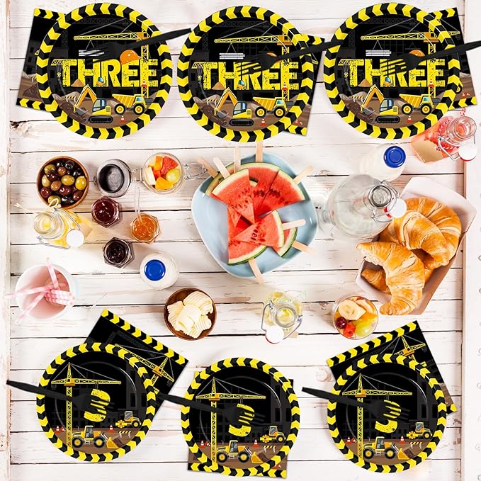 100 Pcs Construction Plates and Napkins Set 3rd Birthday Party Decorations Dump Truck Themed Party Favors for 25 People