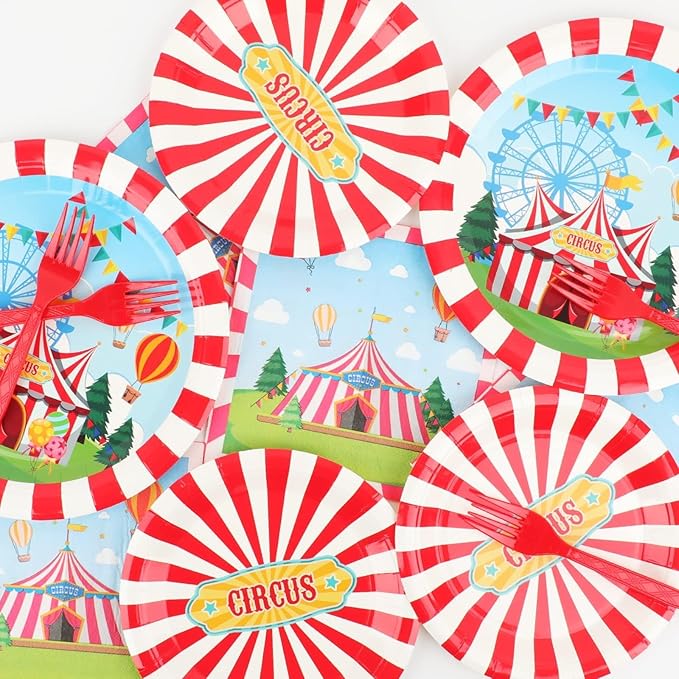 200pcs Circus Party Plates Napkins Forks Carnival Themed Party Tableware Set Red White Party Disposable Paper Dessert Cake Dinnerware Boy Girl Happy Birthday Party Baby Shower Decor Supplies Serves 50