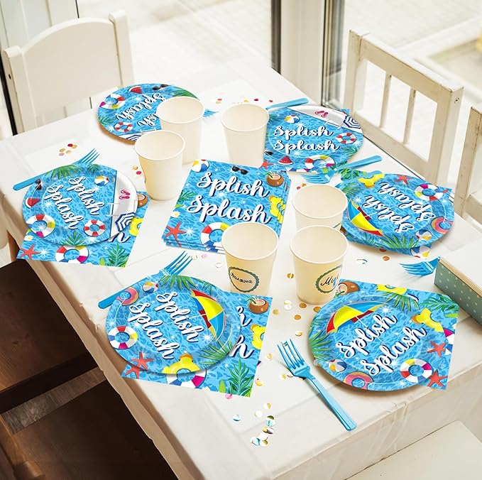 Splish Splash 96Pcs Bash Tableware Set - Pool Party Plates, Napkins, Dessert Plates for 24 Guests - Summer Beach Hawaiian Birthday Party Favors & Decorations